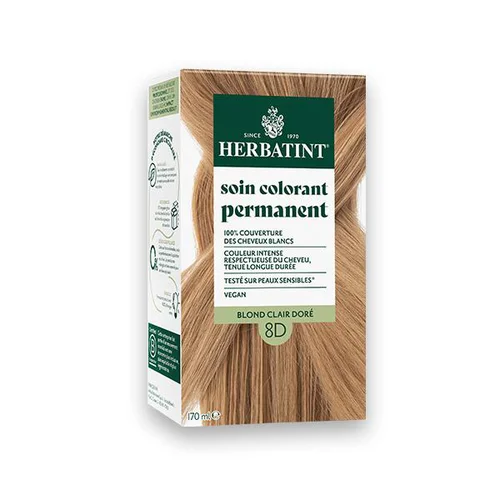 Coloration permanente pour cheveux blond clair doré 8D aux extraits végétaux biologiques vegan Herbatint - 170 ml