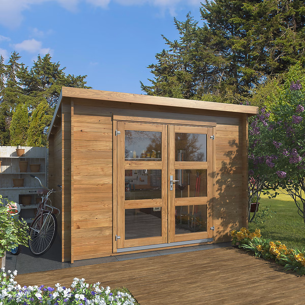 Abri de jardin Klikstrom Belaïa bois traité autoclave marron ép.28 mm toiture monopente surface totale 9.6 m² | Abri de jardin