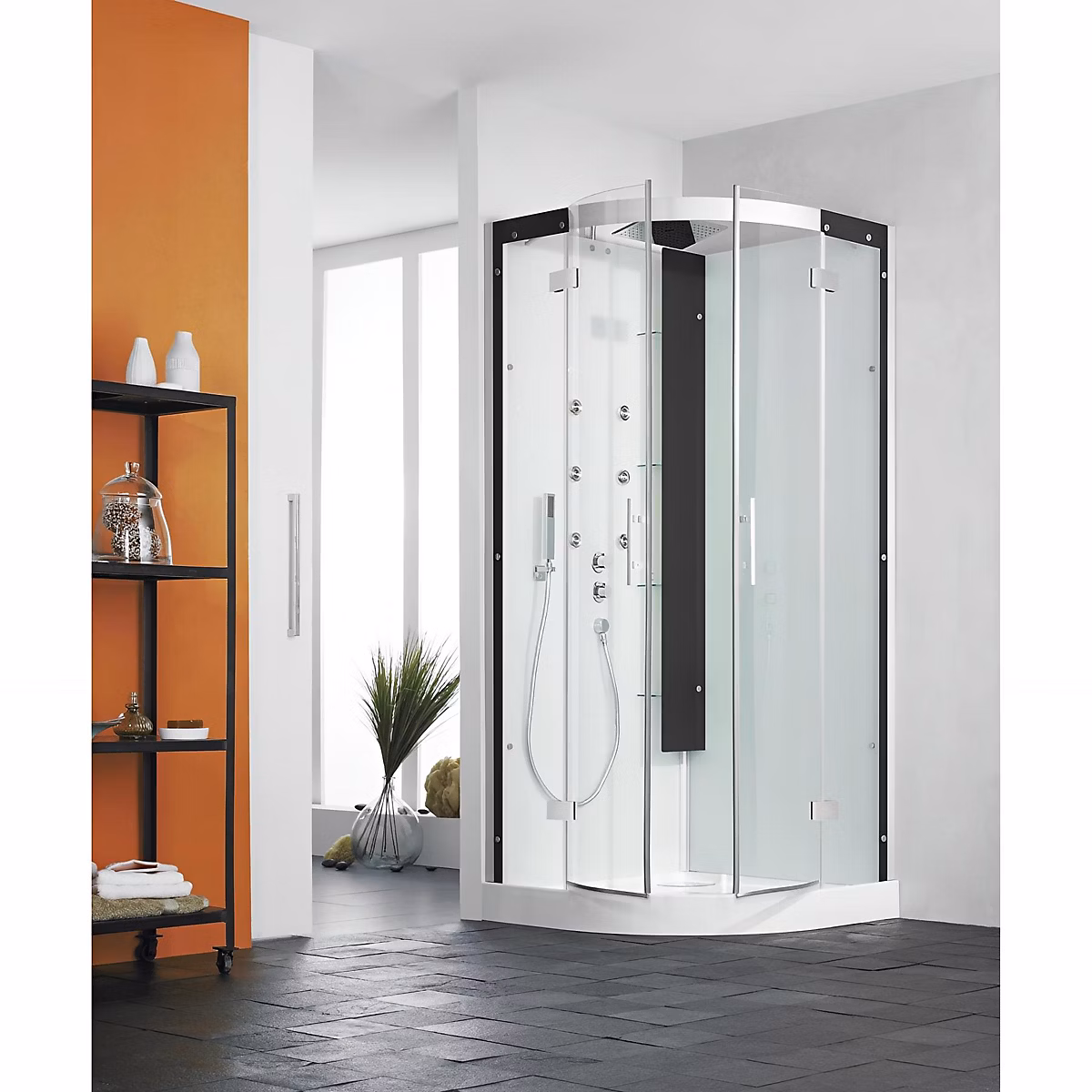 Cabine de douche hydromassante KINEDO HORIZON 90 × 90 1/4 de rond hauteur receveur 12 – 5cm 2 portes pivotantes finition perle noire
