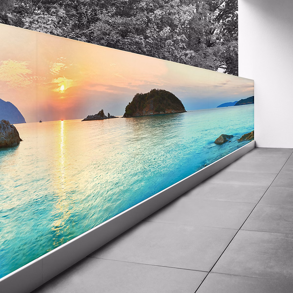 Brise vue Trompe l'oeil | 80 × 340 cm – Vue mer couché de soleil 3617689698809