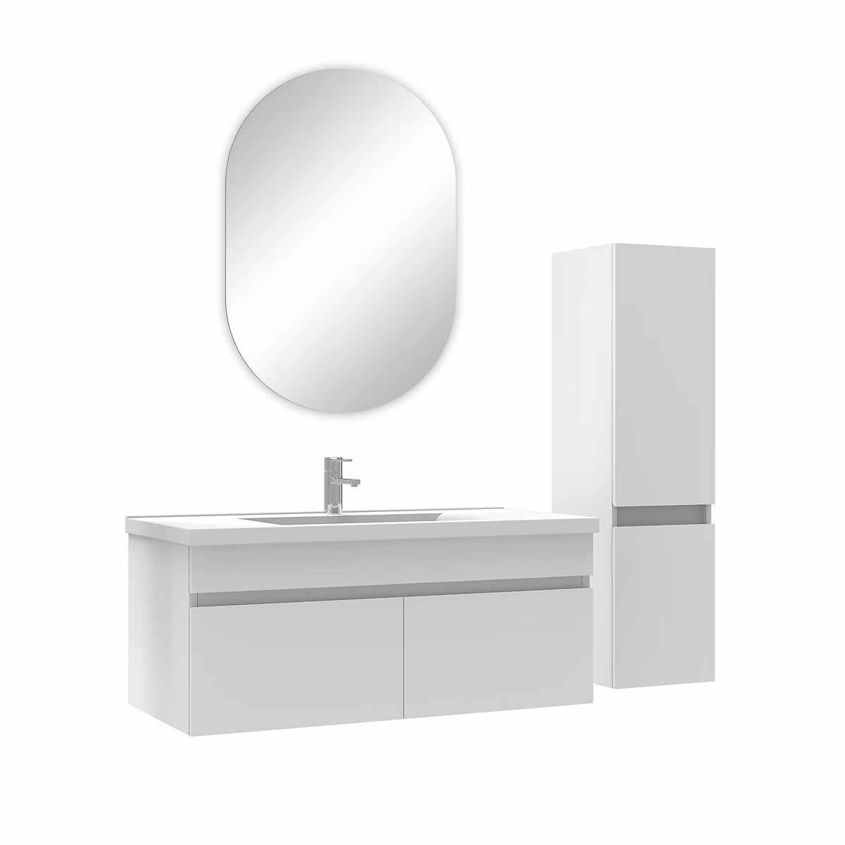Ensemble Salle de Bain simple vasque avec colonne et miroir ovale 100cm meuble blanc – Réf. JSATUOWNZ0585381858