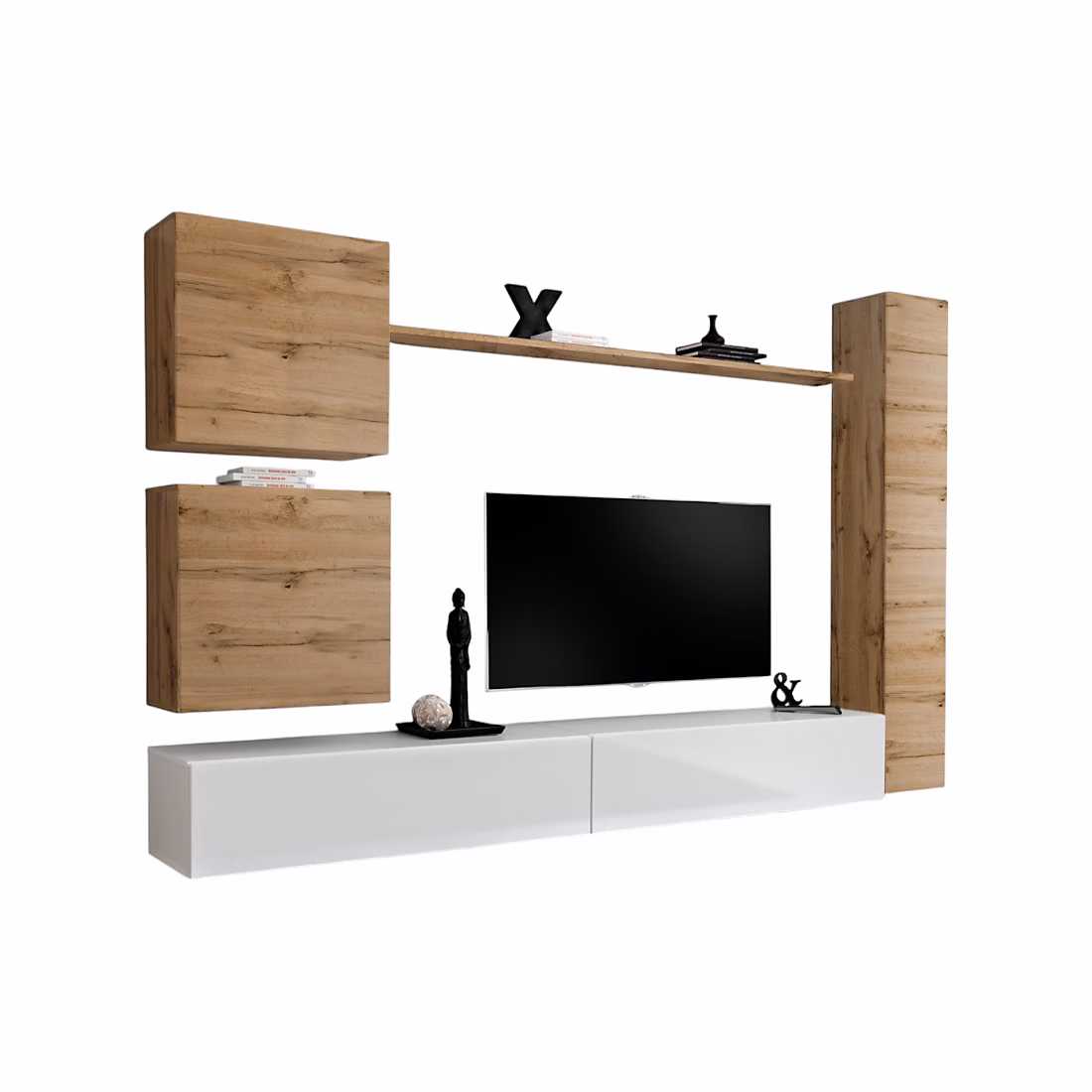Composition murale SWITCH VIII Meuble TV mural – colonne et cubes suspendus Blanc brillant et chene Wotan Design moderne