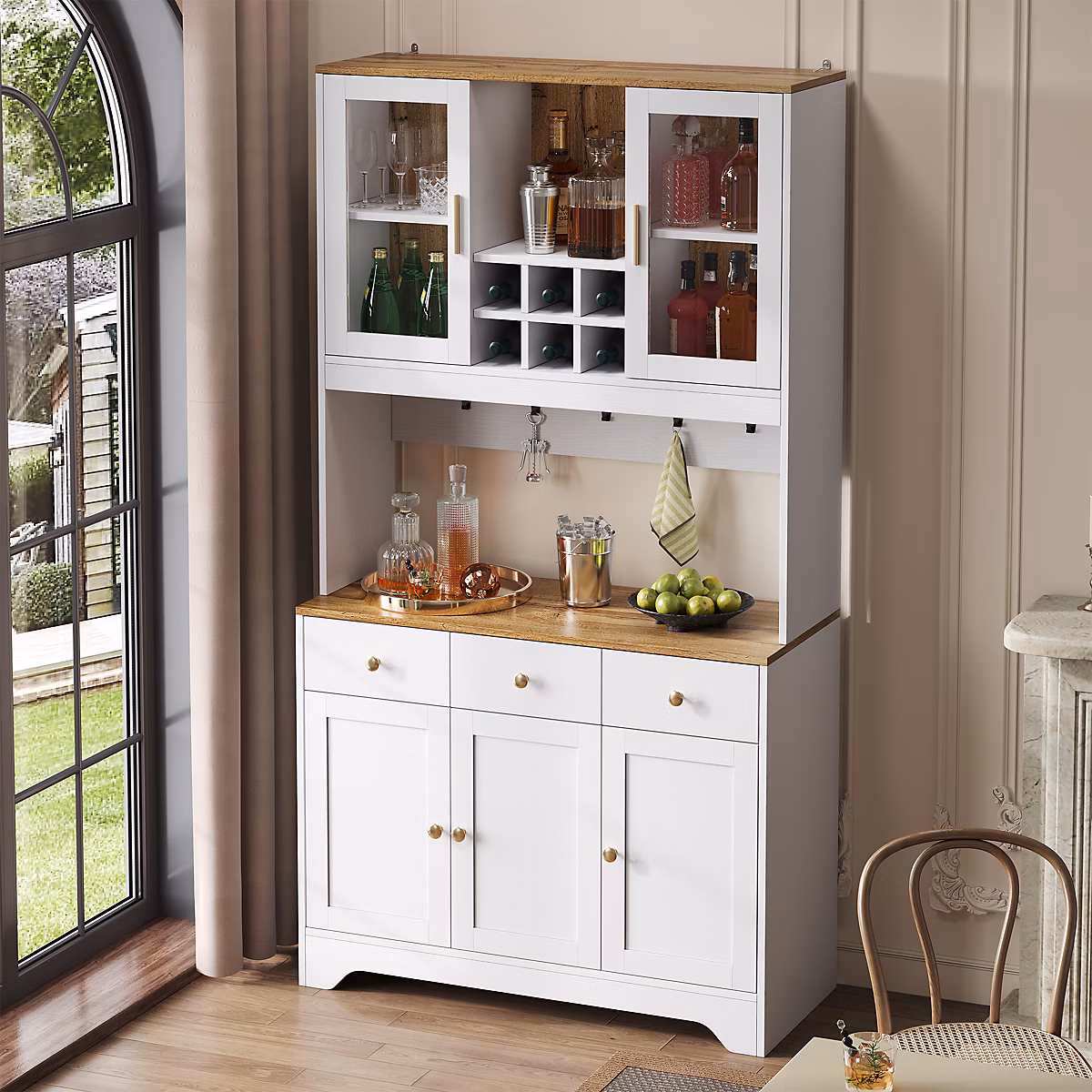 Buffet Haut Moderne avec 5 Portes – 1 Tiroir et 1 Niche, Bahut Salle à Manger Salon en MDF, 94, 5x30x175, 5 cm, Blanc et Bois