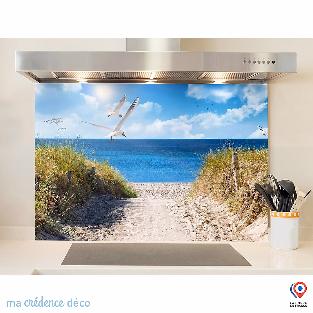 Crédence cuisine fond de hotte Sud ouest – plage 2, Verre trempé, L 90 cm x H 70 cm, MaCrédenceDéco
