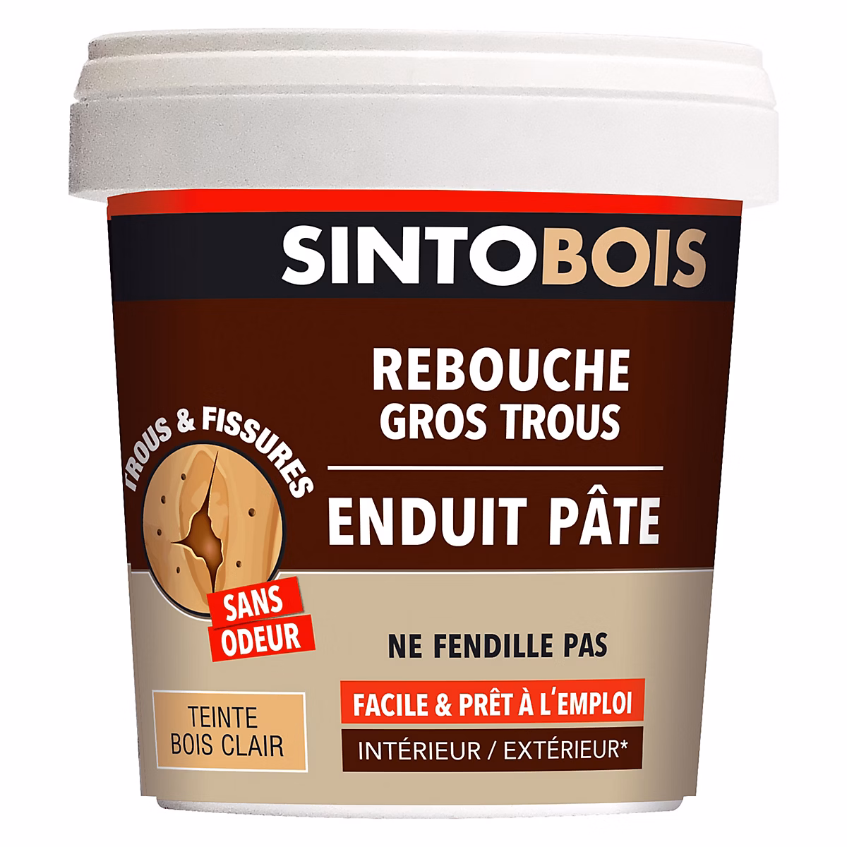 Réparation et traitement du bois intérieur et extérieur – Enduit pâte rebouche gros trous Sintobois bois clair 1kg