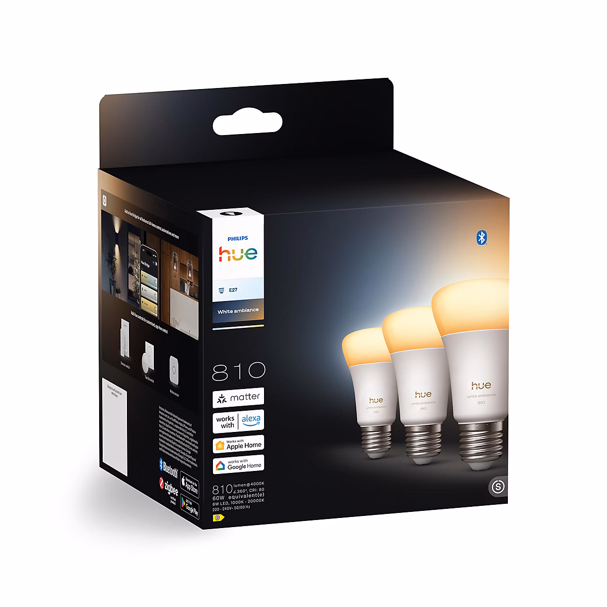 3 ampoules LED E27 dépoli connectées blanc variable 810 lm dimmable 6W Philips Hue – Réf. TKFOVOOSK9709212550