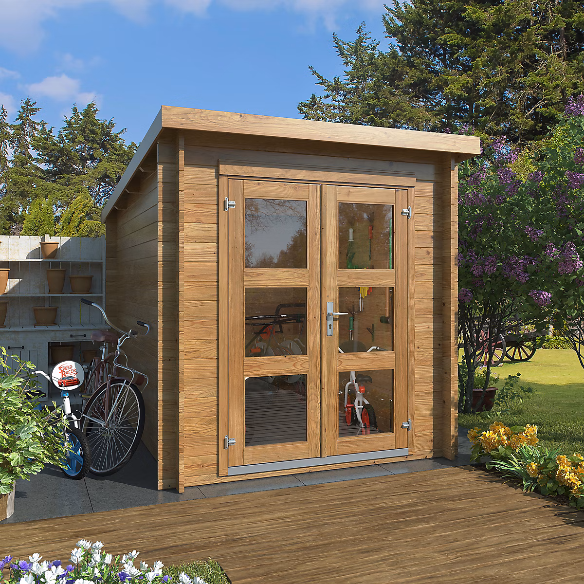 Abri de jardin Klikstrom Belaïa bois traité autoclave marron ép.28 mm toiture monopente surface totale 6.72m² | Abri de jardin