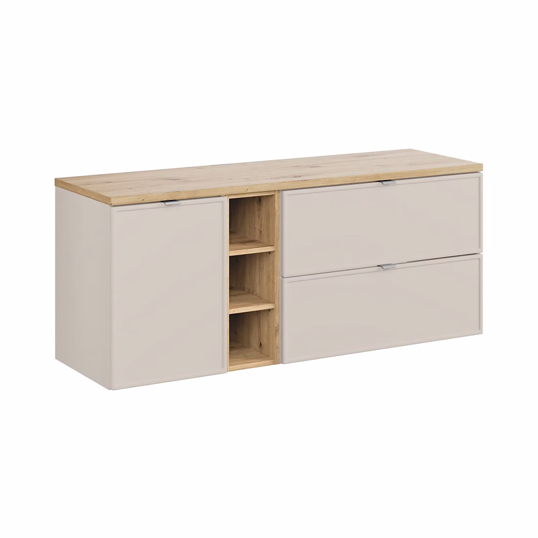 Meuble de salle de bains – Ensemble BRAZZA : meubles sous vasque à tiroirs 140cm avec panier à linge et niches visibles et plan pour vasque aspect bois