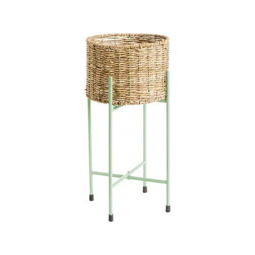 Porte-plante rond en osier avec socle pliant en métal vert petit modèle - Ø 26 x H 50 cm