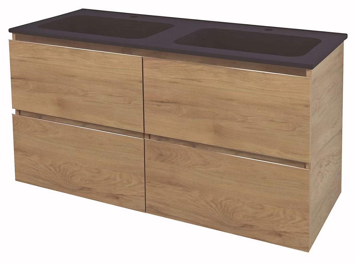 Meuble sous vasque à suspendre 4 tiroirs l.121 – 5 cm avec plan double vasque résine, effet bois, Ondee Trendy