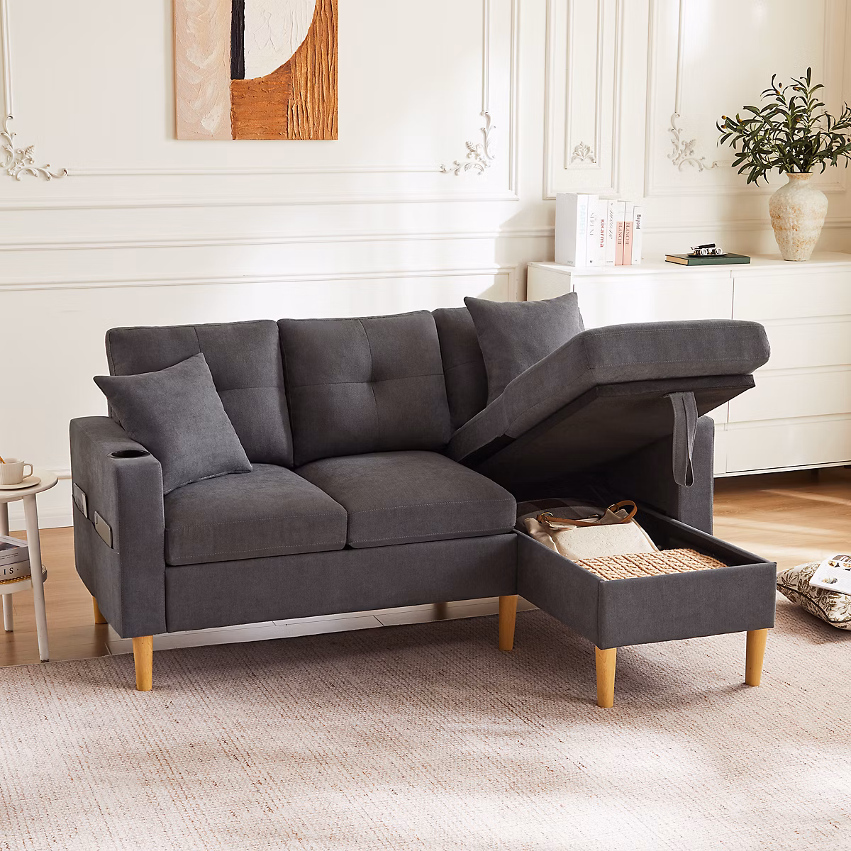 Canapé L moderne – 3 places,chaiselongue, rangement, porte-gobelet, 2 coussins