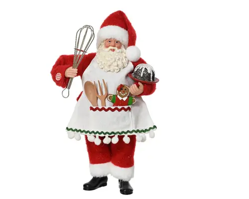 Père Noël cuisinier rouge en plastique avec tablier et fouet - 16 x 11 x 28 cm