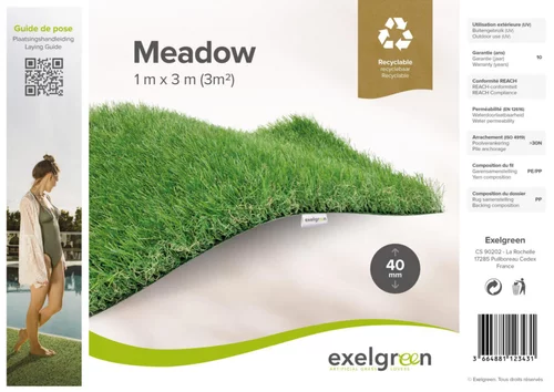 Rouleau de gazon synthétique Meadow 40 mm recyclable coloris vert Exelgreen - 1 x 3 m