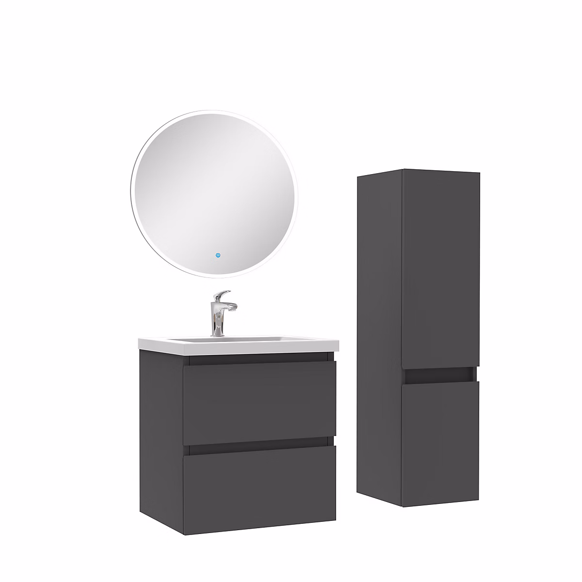 Ensemble meuble de salle de bains – Ensemble meubles Salle de Bain 50cm vasque + colonne + miroir rond lumineux Anthracite