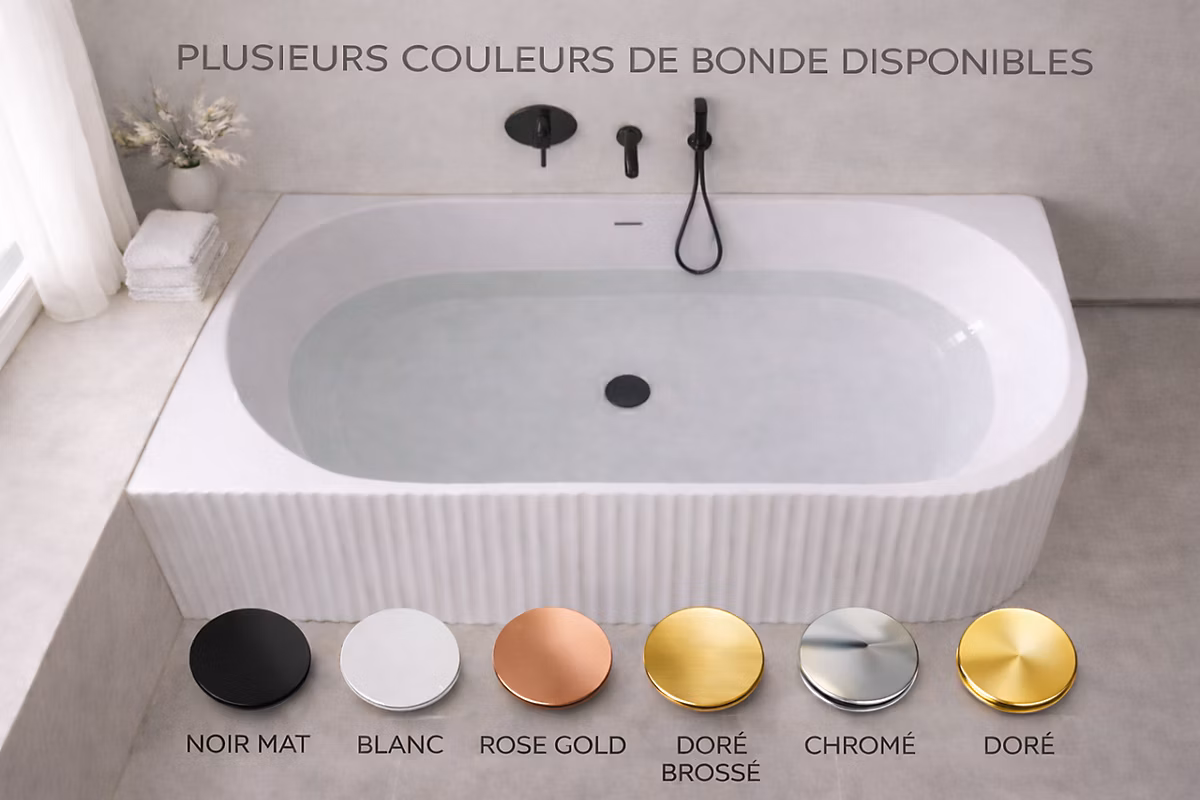 Baignoire d'angle droite – 150 × 75 cm, Blanc brillant rainure avec bonde noire, PERLE