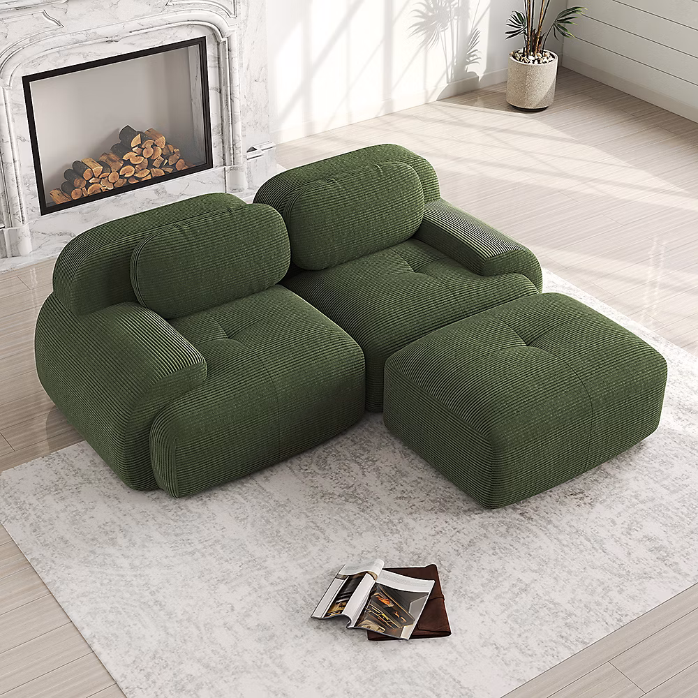 Canapé d'angle 82 pouces – vert, velours côtelé doux, modulaire, accoudoirs courbés, sans montage