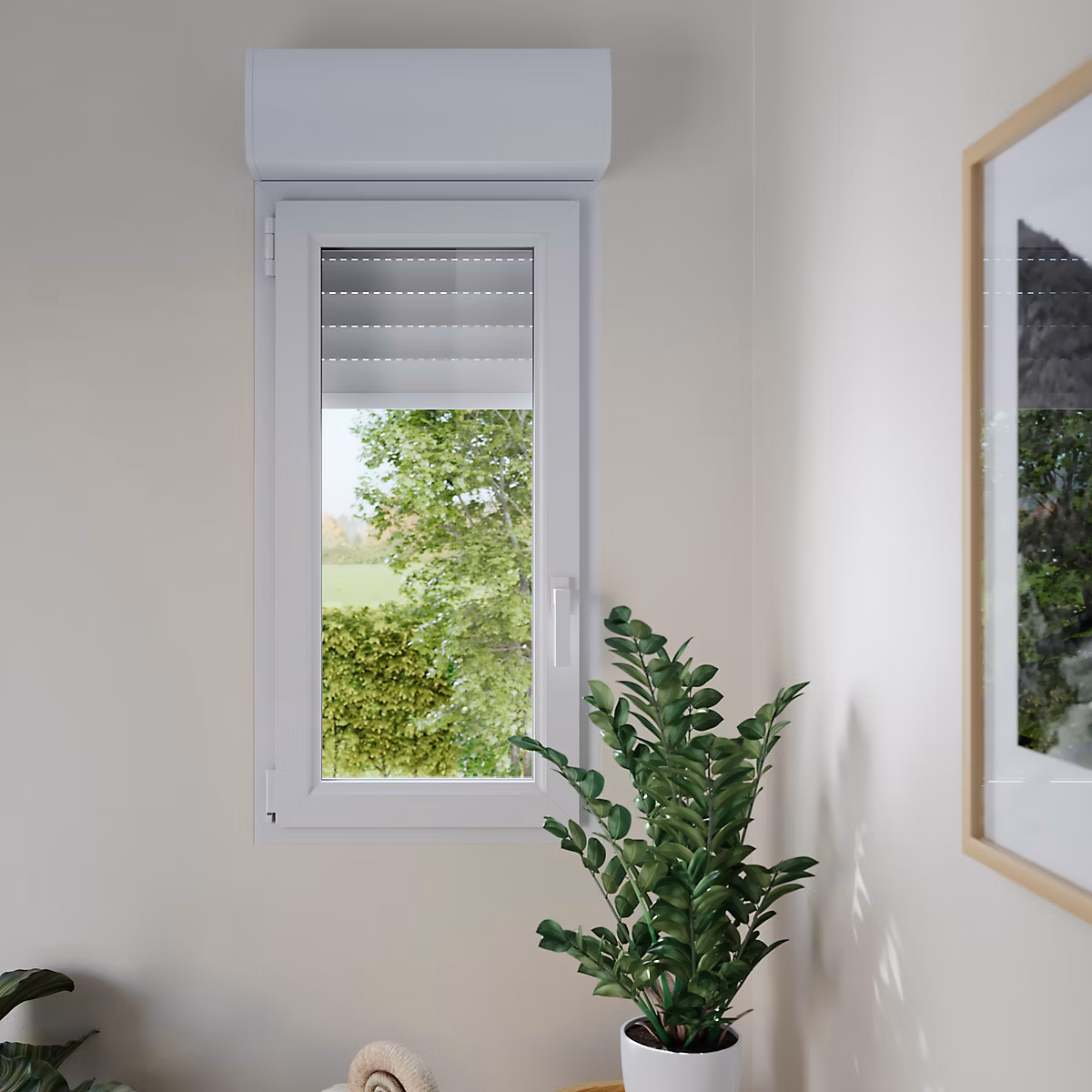 Fenêtre PVC 1 vantail oscillo – battant + volet roulant électrique GoodHome blanc | l.80 x h.95 cm | tirant droit