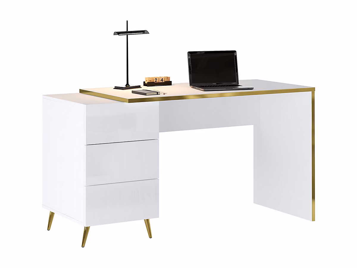 Bureau avec tiroirs – Blanc brillant et doré | MARZIALO