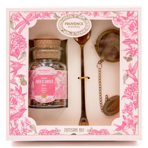 Coffret tisane jour d’amour bio avec boule à infusion et cuillère Provence d’antan - 45 g