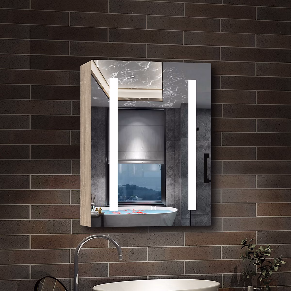 Armoire de toilette avec Miroir LED Anti-Buée – Éclairage 3 Couleurs et Prise Rasoir, Chêne, 60 × 70 cm, AICA Sanitaire