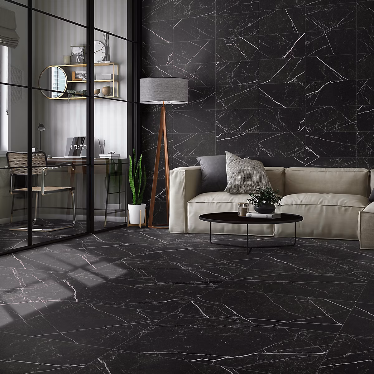Carrelage sol et mur en grès cérame effet marbre noir mat L.60 x l.30 cm x ép.9 mm – Tresor