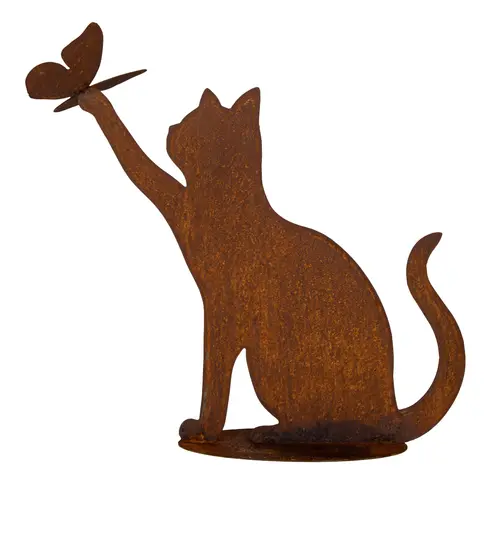 Chat décoratif coloris marron en métal rouillé - 49 x 50 cm