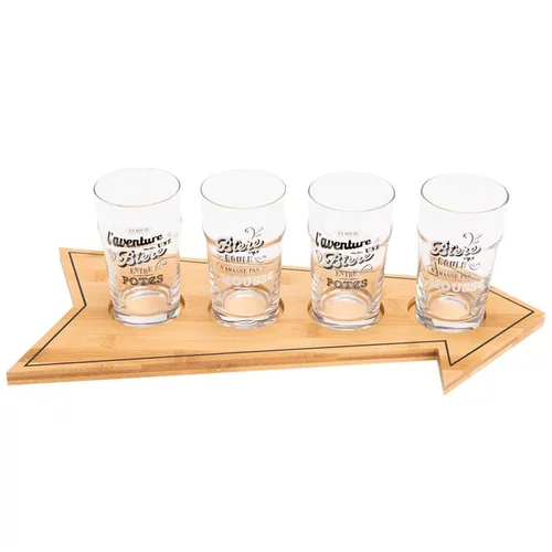 Plat en bambou forme flèche et 4 verres à bière coloris transparent en verre - 22 x 15 x 51 cm