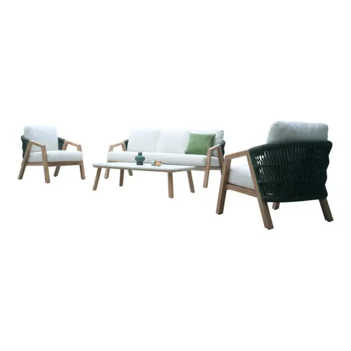 Salon de jardin en aluminium et corde coloris vert Batz - 4 éléments (canapé, table basse et deux fauteuils)