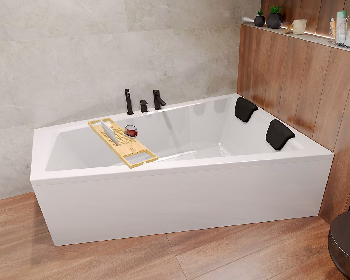 Baignoire asymétrique 170x125 Droite INTIMA acrylique blanc – sans Habillage + Repose Tête + Étagère bambou +Pieds Vidage à chromé