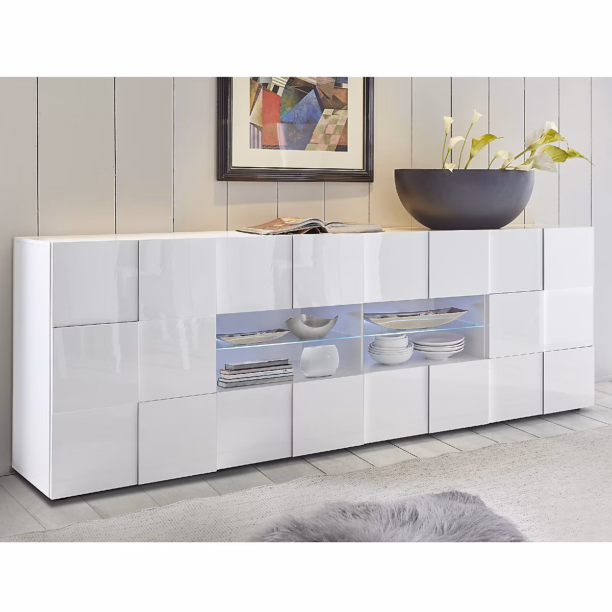 Buffet bas design laqué blanc 2portes-4 tiroirs 240cm MADO – Réf. AZSZELGTC0411505444