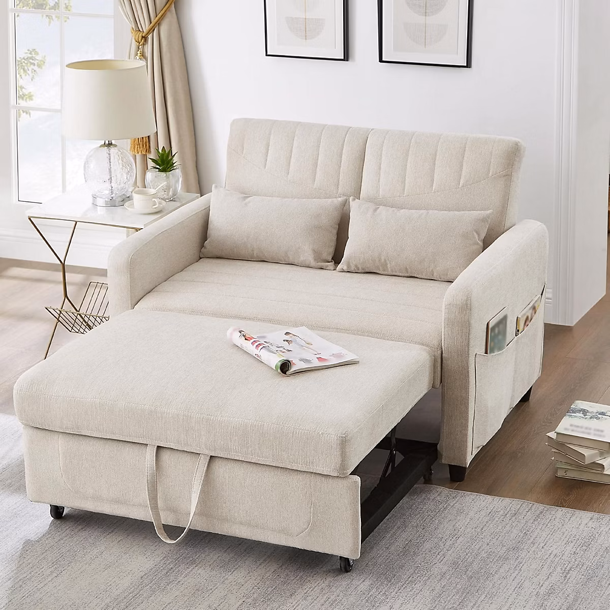 Canapé convertible 2 places – design extensible, dossier 3 positions, tissu lin-coton respirant